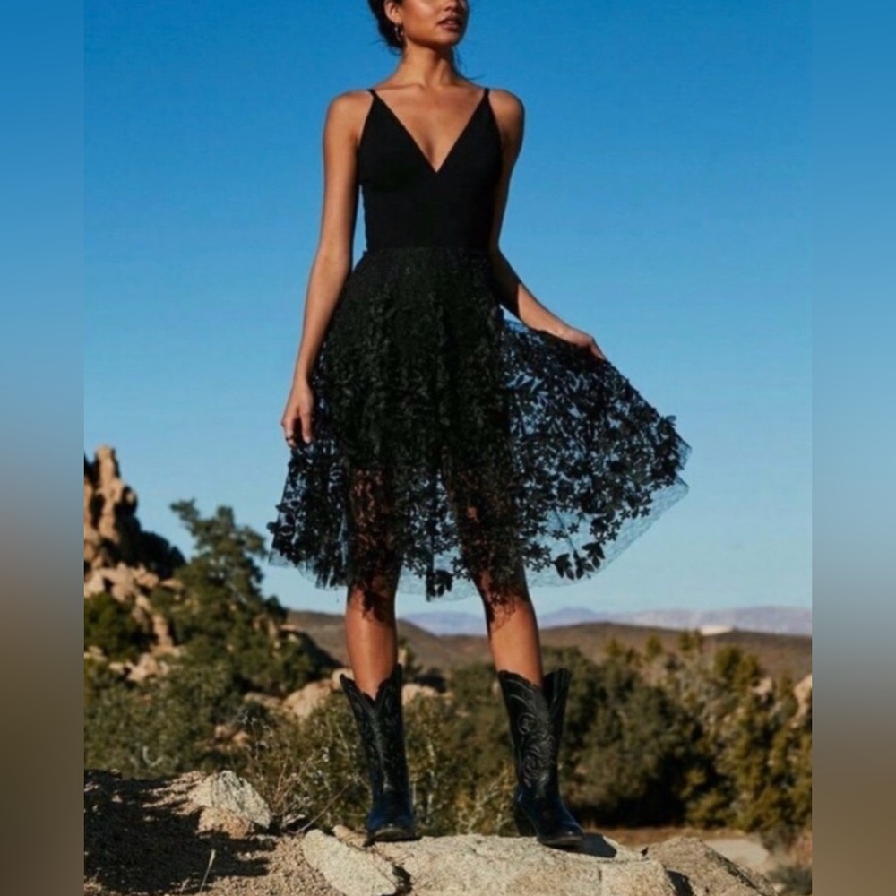 Dress The Population Darleen V-Neck Embroidered Mesh Cocktail Dress Black Small - Picture 16 of 17